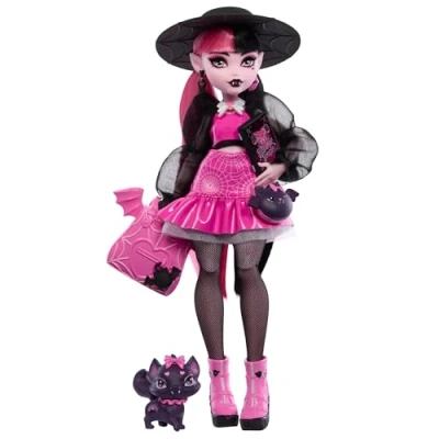 Abbildung von Monster High Draculaura Puppe mit ihrem Haustier, der Fledermaus Katze Count Fabulous, und Accessoires wie Rucksack, Zauberbuch, Bento Box mehr