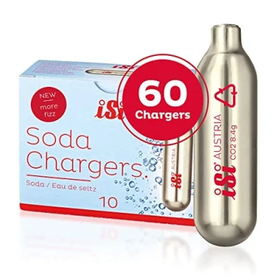 Abbildung von iSi CO2 Kapseln 8.4 gr (6x10er Pack) Sodakapseln passend für Sodamaker Classic, Twist&#039;n Sparkle &amp; Gourmet Whip Kartuschen leckere Soda Mixgetränke Cocktails Made in Austria, Silber