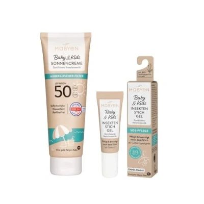 Abbildung von Mabyen Baby &amp; Kids Sommerschutz Set Sonnencreme LSF 50 + Insektenstichgel Naturkosmetik für empfindliche Haut mineralischer UV Schutz Pflege gegen Juckreiz ab Geburt vegan 2 teilig
