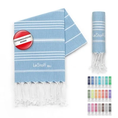 Abbildung von LeStoff Premium Hamamtuch 100% Bio Baumwolle Vorgewaschen, Nachhaltig, Saugstark &amp; Schnelltrocknend Strand, Bade, Dusch, Yoga, Spa Reise Tuch (50 x 100 cm, Light Blue)