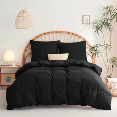 Abbildung von WAVVE Bettwäsche 155x220 3 teilig Schwarz Bettbezug 155 x 220 Set mit 2 Kissenbezüge 80x80 cm, Sets 155x220cm aus Mikrofaser Reißverschluss Weich und Bügelfrei