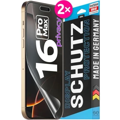 Abbildung von 2x se® 3D SCHUTZFOLIE Privacy für Apple iPhone 16 Pro Max ,Blickschutz entspiegelt, 100% Fingerabdruck &amp; FaceID kompatibel, anti Fingerabdrücke, Stoß Kratzfest, hüllenfreundlich aus Deutschland