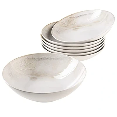 Abbildung von MÄSER 931948 Ossia Wooden Light, 7 teiliges Bowl Set aus Keramik, 1 Salat Schüssel groß und 6 Schalen für Salat, Müsli, Suppe oder Pasta, Weiß dekoriert, Steinzeug