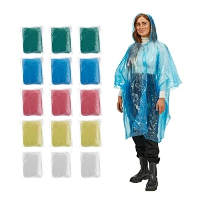 Abbildung von Relaxdays Regenponcho Einweg, 15er Set, Einmal Regencape Mit Kapuze, 5 Farben, Notfallponcho Für Damen &amp; Herren, Bunt, Blau, Rot, Gelb, 95 X 120 Cm EU