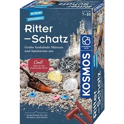 Abbildung von KOSMOS 657994 Ritter Schatz, Grabe Funkelnde Münzen und Spielsteine aus, Für Mittelalter Fans kleine Archäologen, Experimentierset mit Hammer Meißel, Kinder ab 7 10 Jahre