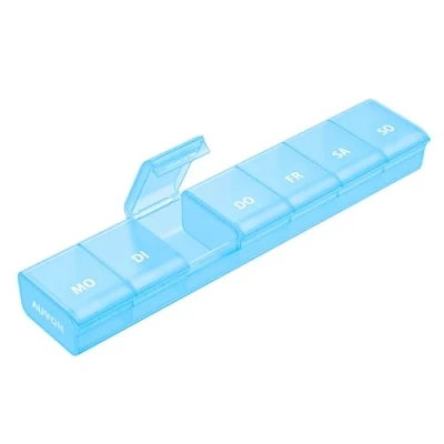 Abbildung von AUVON Tablettenbox 7 Tage, Pillendose Tage mit verbessertem offenem Design, Medikamentenbox Deutsch, BPA freier tragbarer Pillenbox für Medikamente, Vitamine, Fischöl usw. (Blau)