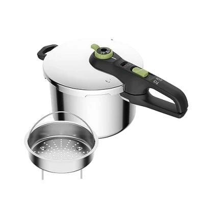 Abbildung von Tefal P2580702 Secure Trendy Schnellkochtopf 6 L mit Korb 2 Stufen Garregler: Intensivstufe 117C, Schonstufe 112C Induktions Kapselboden für alle Herdarten Edelstahl/Schwarz/Grün
