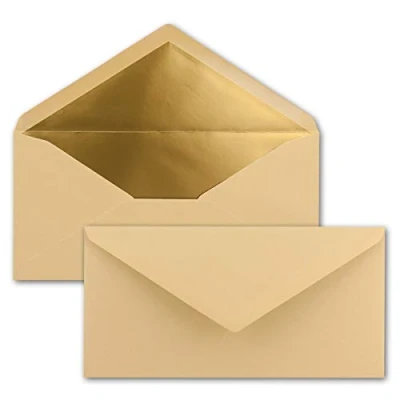 Abbildung von 25 Brief Umschläge DIN Lang Karamell mit Gold Metallic Innen Futter 110 x 220 mm Nassklebung festliche Kuverts für Einladungen