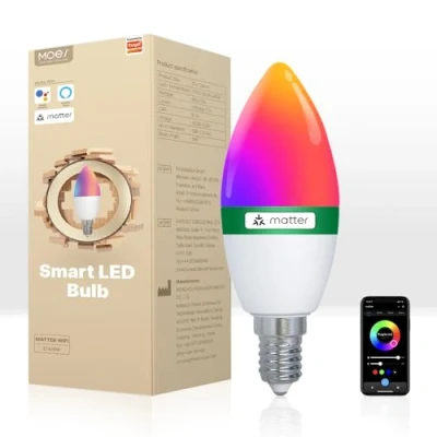 Abbildung von MOES Smart Glühbirne Matter E14, WLAN Alexa LED Lampe RGBCW, WW, mit Dimmbar, Musiksynchronisation, 16 Millionen Farben, kompatibel Apple HomeKit, SmartThings, Alexa, Google Home