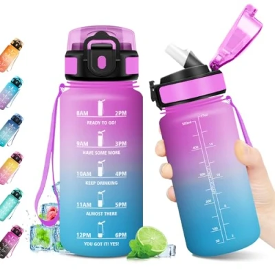 Abbildung von Trinkflasche 500ml, Kohlensäure Geeignet, BPA frei, Wasserflasche mit Strohhalm &amp; Zeitmarkierung, Auslaufsicher, Sportflasche für Kinder, Gym, Camping, Wandern, Fahrrad, Yoga, Sport