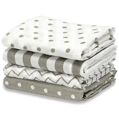 Abbildung von CuddleBug „Punkte und Streifen“ 4 Stück 120 cm x Lange Baby Decke für Babys 5 Farbkollektionen Musselin Babydecke Mädchen oder Jungen Baumwolle