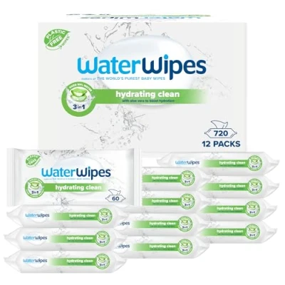 Abbildung von WaterWipes Feuchtigkeitsspendende, säubernde Baby Feuchttücher, 720 Tücher (12 Packungen), mit 99% Wasser &amp; Aloe Vera Extrakt, Feuchttücher für Gesicht Körper