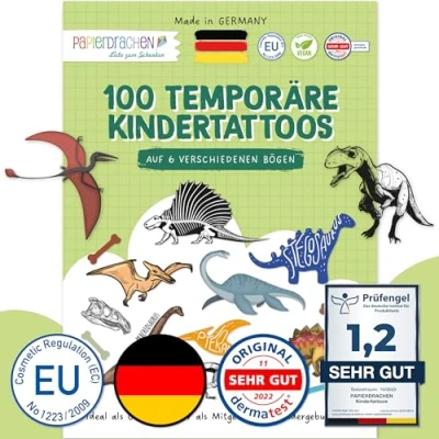 Abbildung von Papierdrachen 100 besonders hautfreundliche Tattoos für Jungen Kindertattoos mit Dinosaurier kindgerechte Designs als Geburtstagsmitgebsel oder Geschenkidee 100% vegan &amp; geprüft
