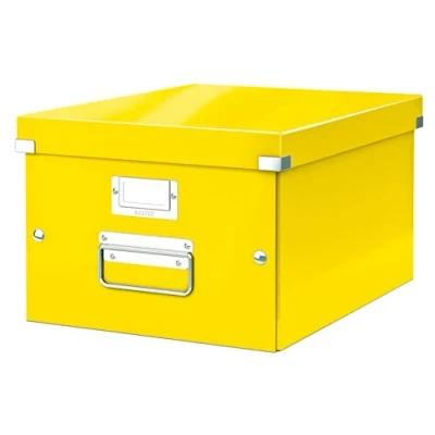 Abbildung von Leitz Click &amp; Store Aufbewahrungsbox mit Deckel Mittel Groß, Box für Unterlagen bis A4 im Büro u. Haushalt, Transportbox aus 85 % recycelter Premium Hartpappe, Stabile Metallgriffe, Gelb, 60440016