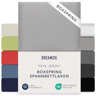 Abbildung von Dreamzie Premium Spannbettlaken 140x200 cm 160x200 37cm Seitenhöhe auch für Boxspringbett &amp; Wasserbett Bettlaken 100% Jersey Baumwolle, 150 g/m² Oeko TEX Grau