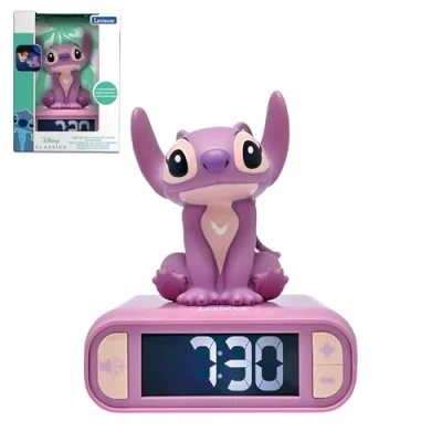 Abbildung von Lexibook, Disney Stitch, Angel Nachtlicht Wecker, Töne und Melodien, hintergrundbeleuchteter LCD Bildschirm, leuchtend, Schlummerfunktion, rosa, RL800D1