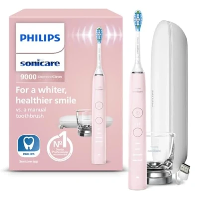 Abbildung von Philips Sonicare DiamondClean 9000 elektrische Zahnbürste, Schallzahnbürste mit App, Andruckkontrolle, 4 Putzmodi, 3 Intensitätsstufen, Ladeglas und USB Transporttasche, Rosa, Modell HX9911/29