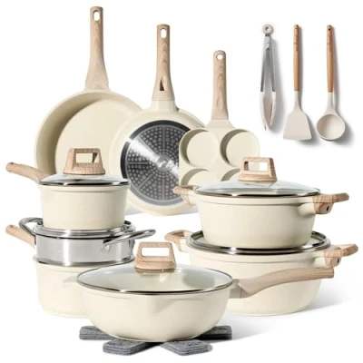 Abbildung von JUST PERFECTO Induktions töpfe set Pfannenset mit deckel &amp; pfannen ohne PTFE und PFOA Kochgeschirr Topfset induktion (21 pcs Biege)