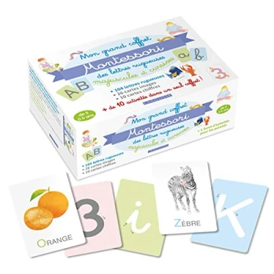 Abbildung von Mon grand coffret Montessori lettres rugueuses: Majuscules et cursives. Avec 104 rugueuses, 26 cartes images, 10 chiffrées + activités