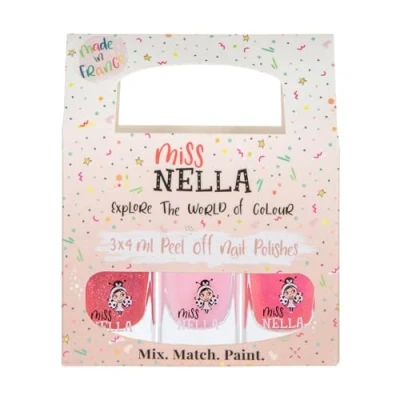 Abbildung von Miss Nella PINK GLITTER ATTACK Nagellackpack mit 3 Abziehbare, geruchsneutrale, wasserbasierte und sichere für Kinder Tickle Me Pink, Cheeky Bunny &amp; Sugar Hugs.