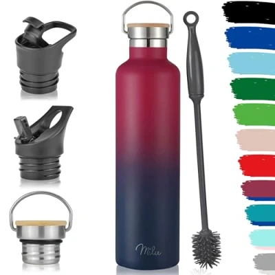 Abbildung von Milu Edelstahl Trinkflasche 500ml, 750ml, 1000ml (+3 Deckel) Thermosflasche mit Strohhalm, Isolierte Wasserflasche, Auslaufsichere Isolierflasche doppelwandig, Kohlensäure geeignet (Berry Blau, 1L)