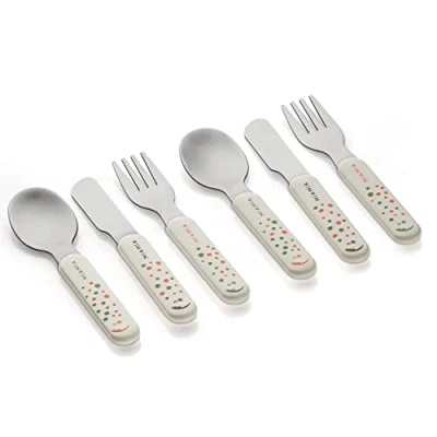 Abbildung von MiaMia Kinder und Baby Besteck Set sicheres, geprüftes lebensmittelechts Babybesteck aus Edelstahl mit handlichen Griffen Creme Weiß (ab 18 Monate (6 Teile))