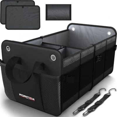 Abbildung von FORTEM Kofferraum Organizer, Kofferraumtasche, Zusammenklappbarer Auto Organizer mit Fächern, Rutschfester Boden, Verstellbare Sicherungsriemen, Klappbarer Deckel (Standard, Schwarz)