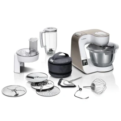 Abbildung von Bosch Küchenmaschine Serie 4 MUM5XW20, Edelstahl Schüssel 3,9 L, integrierte Waage, Mixer 1,25 Profi Knethaken, Schnee , Silikonbesen, Durchlaufschnitzler, Scheiben, 1000 W, Weiß/Silber