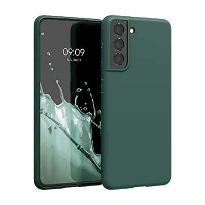 Abbildung von kwmobile Hülle kompatibel mit Samsung Galaxy S21 weiches TPU Silikon Case Cover geeignet für kabelloses Laden Moosgrün
