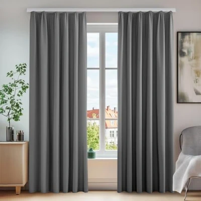 Abbildung von Deconovo Vorhänge mit Kräuselband Blickdicht Gardinen Schallschutz gegen Kälte, 138x140 cm(HöhexBreite), Hellgrau, 2er Set
