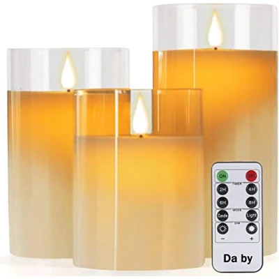Abbildung von Da by LED Kerzen mit Glaseffekt 10cm/12,5cm/15cm Kerze Echtwachssäule 10 Fernbedienung realistisch tanzender Flamme und Timing Funktion in einer Packung 3 Stück
