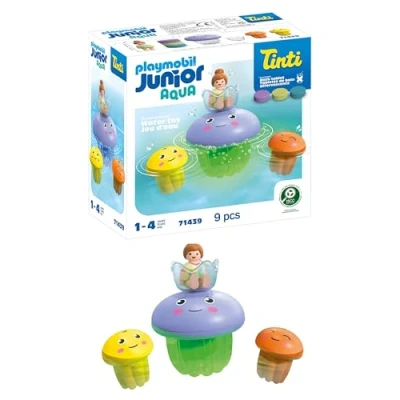Abbildung von PLAYMOBIL JUNIOR Kinder ab 1 Jahr Aqua &amp; Tinti Bunte Quallenfamilie 90% pflanzenbasiertes Material inkl. drei verschiedenfarbigen Badetabs von Wasserspielzeug für die Badewanne 71439