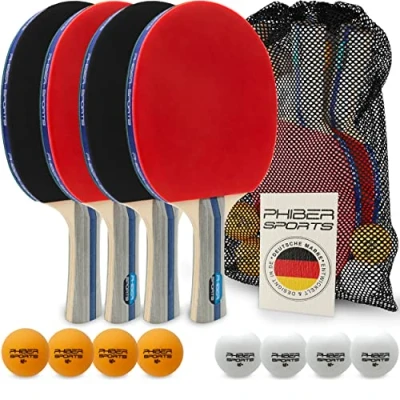 Abbildung von PHIBER SPORTS Tischtennis Set mit 4 Tischtennisschläger + 8 Tischtennisbälle Praktische Tragetasche Indoor &amp; Outdoor Ideal für Anfänger, Familien und Profis Tischtennisschlaeger