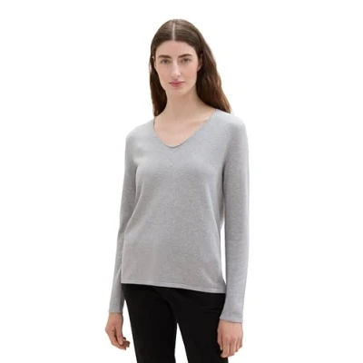 Abbildung von TOM TAILOR Damen Basic Strickpullover mit V Ausschnitt, 21373 Medium Silver Grey Melange, XXXL