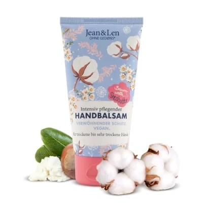 Abbildung von Jean &amp; Len Handbalsam Baumwolle Sheabutter, Handpflege für trockene bis sehr Hände, pflegt intensiv und ist dabei besonders mild, ohne Parabene Silikone, vegan, Handcreme Tube, 75 ml