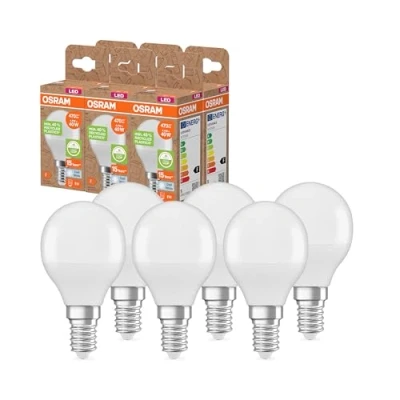 Abbildung von Osram LED STAR CLASSIC P 40 FR Lampe, E14, klassische Miniballform, weiß, 4,9W, 470lm, 4000K, kaltweißes Licht, sehr geringer Energieverbrauch, mit recyceltem Kunststoff, 6 Pack