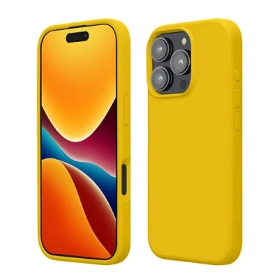 Abbildung von kwmobile Hülle kompatibel mit iPhone 16 Pro Silikon Handy Case Handyhülle weiche Oberfläche kabelloses Laden Strahlend Gelb