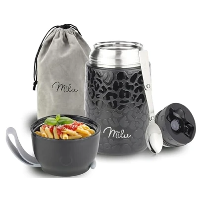 Abbildung von Milu® Thermobehälter 650 ml Edelstahl Warmhaltebehälter Essensbehälter Speisegefäß Babynahrung Essen warmhalten Behälter Thermo Lunchbox Müsli to go Black Leopard, 650ml