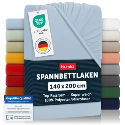 Abbildung von Blumtal® Spannbettlaken 140x200 cm Bettlaken aus Microfaser Oekotex zertifiziertes Spannbetttuch / Leintuch Bettspanntuch Hellblau