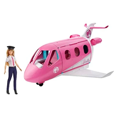 Abbildung von Barbie Flugzeug mit Pilotin Puppe, beweglichen Räder und 15x Zubehör inkl. Haustier Trolley, in rosa, Spielzeug ab 3 Jahre, GJB33