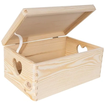 Abbildung von Creative Deco Holzkiste mit Deckel 30x20x14 cm (+/ 1cm) Erinnerungsbox Baby Groß Holzbox Unlackiert Kasten Herzförmigen Griffen Ostern Geschenke Kinder Dokumente Spielzeug ROH UNGESCHLIFFEN