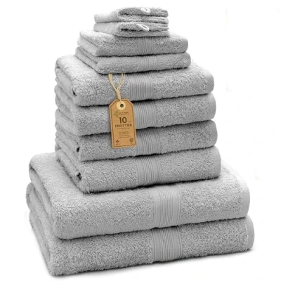 Abbildung von GREEN MARK Textilien 10 TLG. FROTTIER Handtuch Set mit verschiedenen Größen 4X Handtücher, 2X Duschtücher, Gästetücher, Waschhandschuhe Farbe: Silber grau Premium Qualität