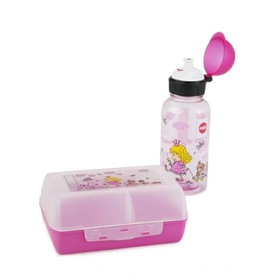 Abbildung von Emsa Kids Set mit Prinzessin Motiv, Trinkflasche + Brotdose, 400 ml auslaufsichere Flasche, Dose verschiebbarer Trennwand, Pink, 518137, Princess