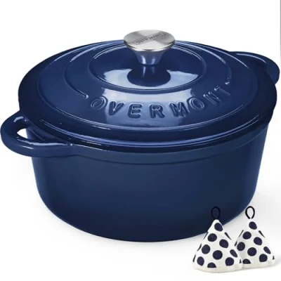 Abbildung von Overmont Bräter Emaille Gusseisen Topf Schmortopf 26cm backofengeeignet mit Deckel und Kochbuch für Küche Backen Schmoren Braten