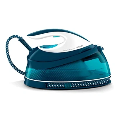 Abbildung von Philips PerfectCare Compact Dampfbügelstation 6,5 Bar Pumpendruck, Dampfstoß bis zu 400 g, 1,5 l Wassertank, OptimalTEMP Technologie, SteamGlide Sohle, Kompakt, Schnelleres Bügeln (GC7844/20)