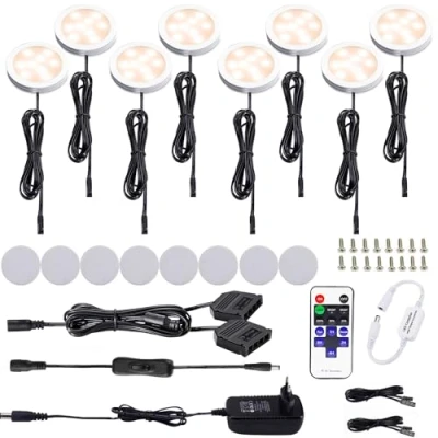 Abbildung von AIBOO LED Schrankleuchten 8er Komplettset, Unter Kabinett Beleuchtung mit Fernbedienung, Küchenlampen Vitrinenbeleuchtung Warmweiß 2700K, Unterbauleuchte Set Inklusiv alle Zubehör