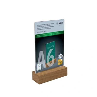 Abbildung von SIGEL TA252 Tischaufsteller A6 hoch, mit Eichenholz Sockel, glasklar Acryl, garantiert UV beständig, Holz FSC zertifiziert