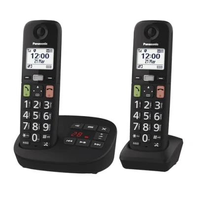 Abbildung von Panasonic KX TGU132EXB digitales schnurloses Telefon mit Anrufbeantworter, Basisstation &amp; 2 Mobilteile, LCD Display, große Tasten, Favoriten Taste, hörgerätekompatibel, Schwarz