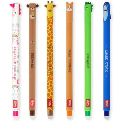Abbildung von LEGAMI Set mit 6 radierbaren Gelstiften thermoempfindlicher Radiertinte, verschiedene Tintenfarben und Schaftdesigns, 0,7 mm Spitze, Einhorn, Teddybär, Giraffe, Corgi, Dino, Hai