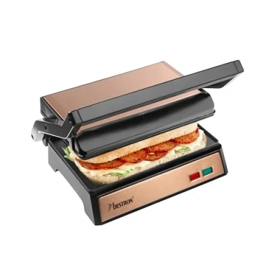 Abbildung von Bestron elektrischer Kontaktgrill mit Auffangschale, Sandwichmaker Cool Touch Handgriff &amp; 180 Öffnung, Paninimaker Antihaftbeschichtung, Einsteigermodell, Copper Collection, Farbe: Kupfer
